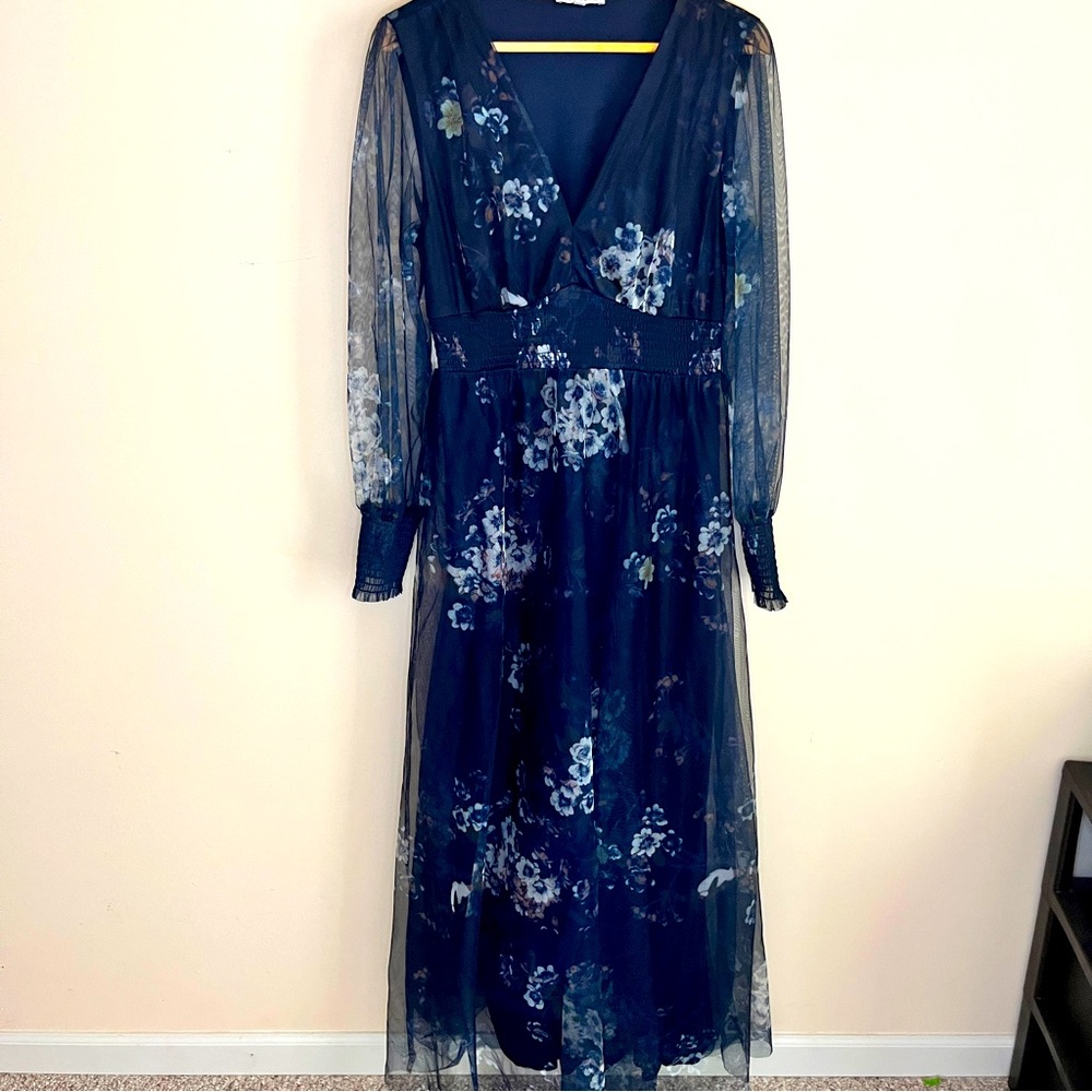 Baltic Born Dress Womens Large Floral Maxi Layla Tulle Event Wedding Party Navy